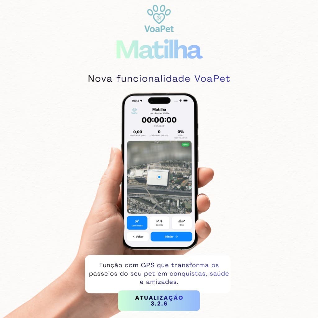 Arte da Matilha no VoaPet, produto da Veler: GPS, modos de passeio e atualização 3.2.6